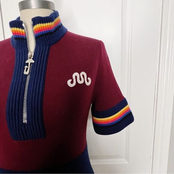 $1250 Marina Moscone Cycling Wool Dress Turtleneck Sweater M Red Burgundy Blue - Picture 6 of 12